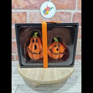 Blue Sky Clayworks Halloween Stitched Pumpkins Ceramic Salt & Pepper Shakers NIB